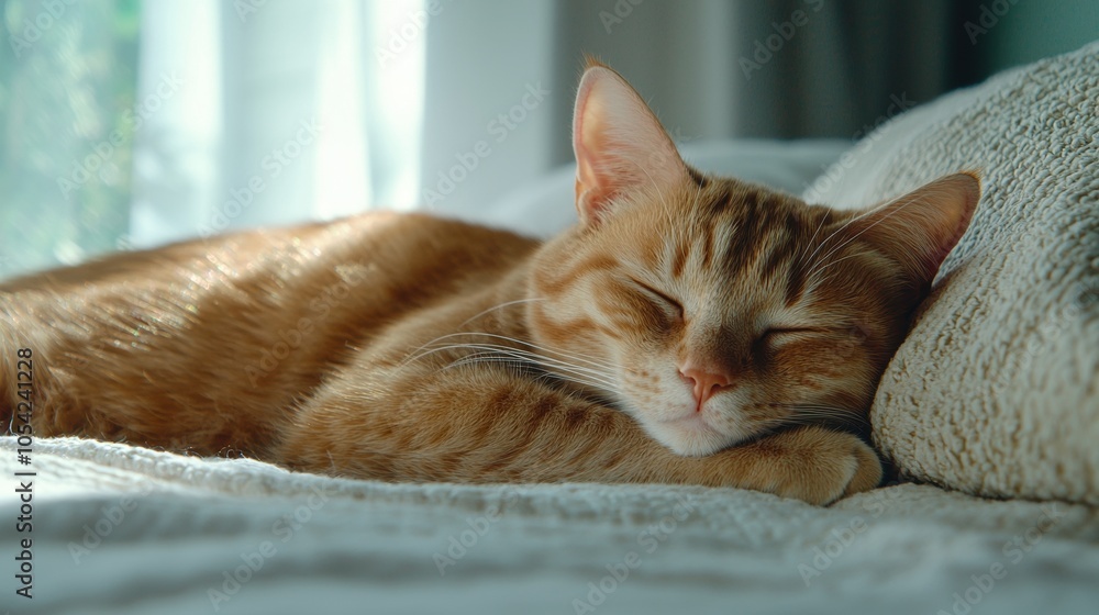 Obraz premium Peaceful cat napping on a cozy blanket
