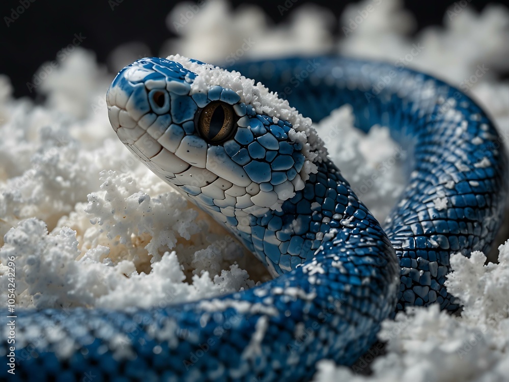 Fototapeta premium Close-up of a blue snake with snowflake and marble textures.