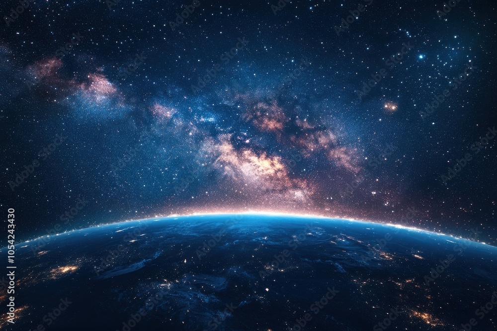 Naklejka premium Radiant celestial scene featuring a vibrant city silhouette under the star-studded milky way, with shimmering stars glittering across the vastness of the cosmos