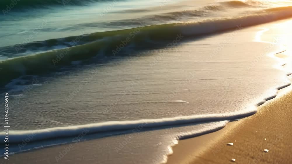 A wave recedes on a sandy beach during the golden hour