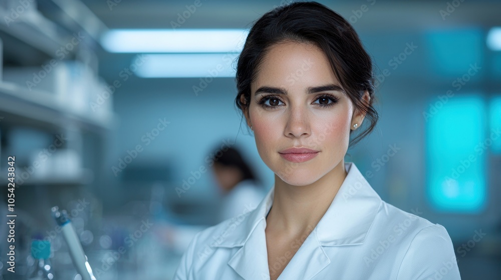 Confident female scientist in lab coat Confident female scientist in lab coat