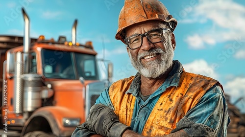 Close up portrait of a smiling sanitation worker wearing a wrinkled orange uniform and hardhat with a blurred commercial truck visible in the background