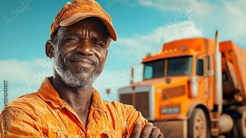 Close up portrait of a smiling sanitation worker wearing a wrinkled uniform standing next to a blurred orange truck after a long shift  The worker s expression conveys a sense of pride joy photo