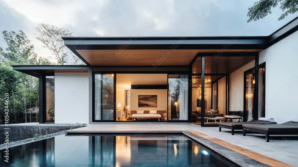 Luxury home exterior with small pool, bold geometric design, minimalist luxury, warm natural lighting Luxury home exterior with small pool, bold geometric design, minimalist luxury, warm natural lighting