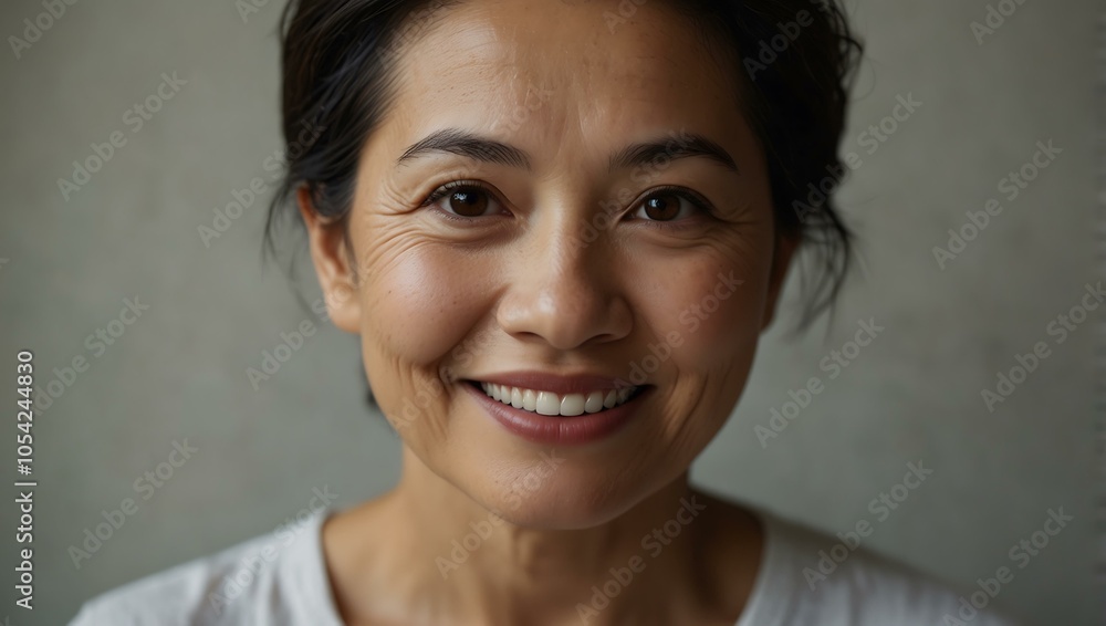 Close-up portrait of a mature Asian woman smiling. Close-up portrait of a mature Asian woman smiling.