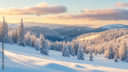Wallpaper Mural A panoramic view of snow-covered mountains and a forest at sunrise. The sky is a beautiful mix of pink and blue, with fluffy clouds. Torontodigital.ca