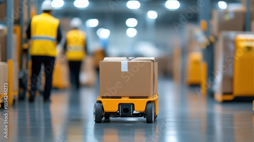 Description: A small automated cart transports boxes in a warehouse, with workers in yellow vests handling logistics and inventory in the background. photo