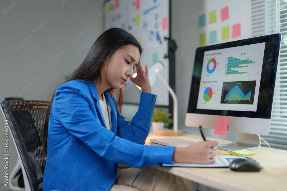 Young asian businesswoman feeling stressed while analyzing financial charts on computer, touching her head with hand Young asian businesswoman feeling stressed while analyzing financial charts on computer, touching her head with hand