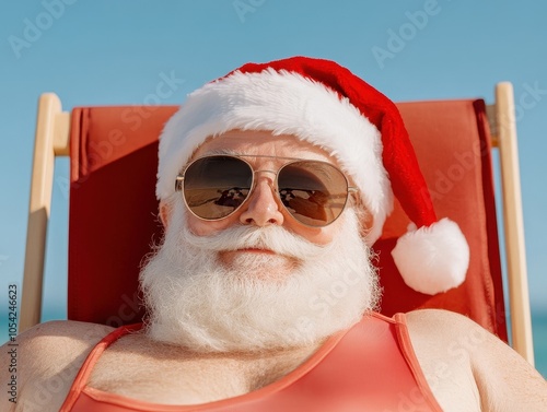 A jolly Santa Claus relaxes in a beach chair, wearing sunglasses and a festive hat, enjoying a sunny holiday vibe. photo