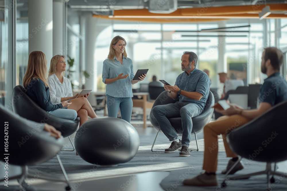 diverse business people sitting and standing in an office diverse business people sitting and standing in an office