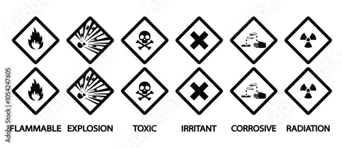 Icon set of danger signs, Hazardous materials signs vector icon. Global Harmonized System warning sign. Hazmat isolated placard, warning label vector illustration in transparent background. 