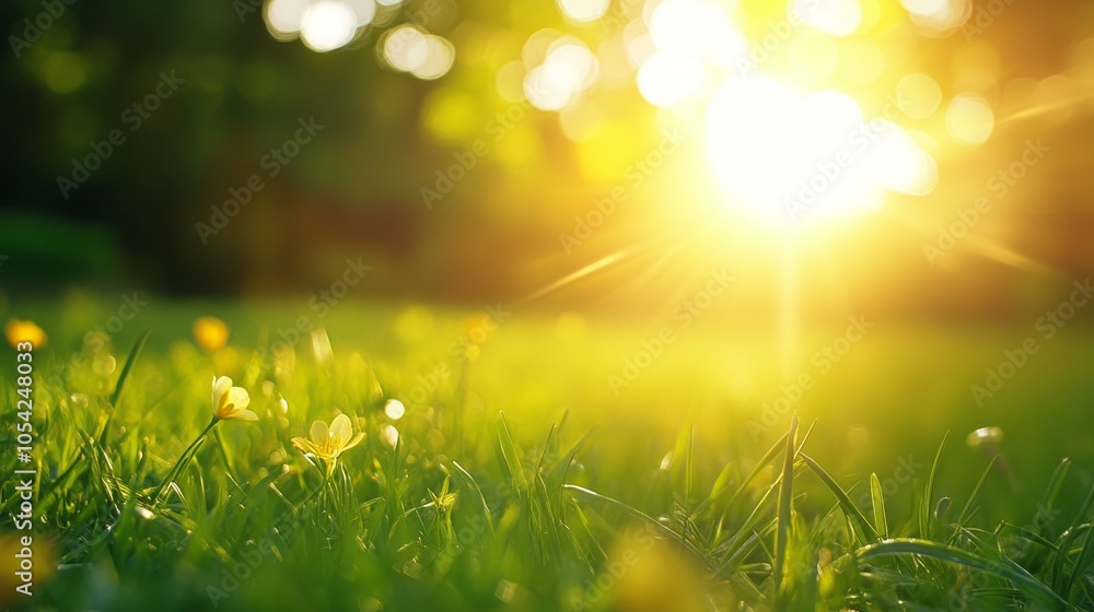 Fototapeta premium A sunlit grassy field with flowers, evoking a serene and peaceful natural atmosphere.