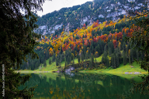 Discover the stunning fall colors of Falensee in Appenzell, Switzerland, reflecting on serene waters photo