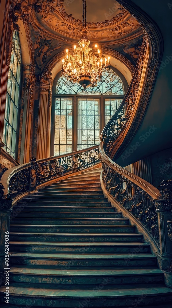 Obraz premium Elegant Curved Staircase with Grand Chandelier