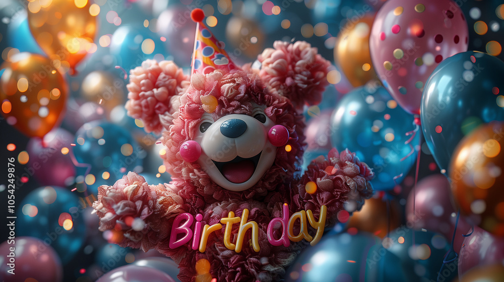 Fototapeta premium Happy gift. Festive background of colorful balloons and confetti. Happy Birthday. Plush teddy bear with party hat and gifts in Birthday celebration
