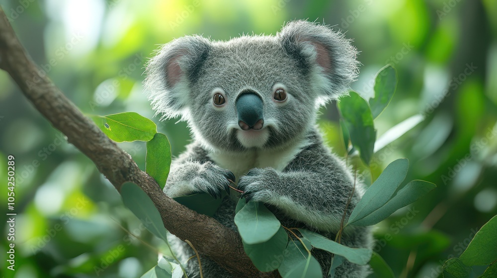Fototapeta premium 4K A cute koala bear cuddling a tree branch, surrounded by bright green eucalyptus leaves.