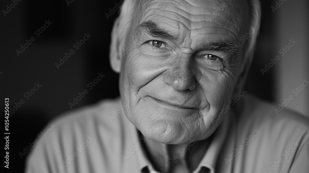 A close-up black and white photo of an elderly man with a gentle smile, deep lines on his face telling stories of age and wisdom, wearing a button-up shirt, captured in natural lighting A close-up black and white photo of an elderly man with a gentle smile, deep lines on his face telling stories of age and wisdom, wearing a button-up shirt, captured in natural lighting