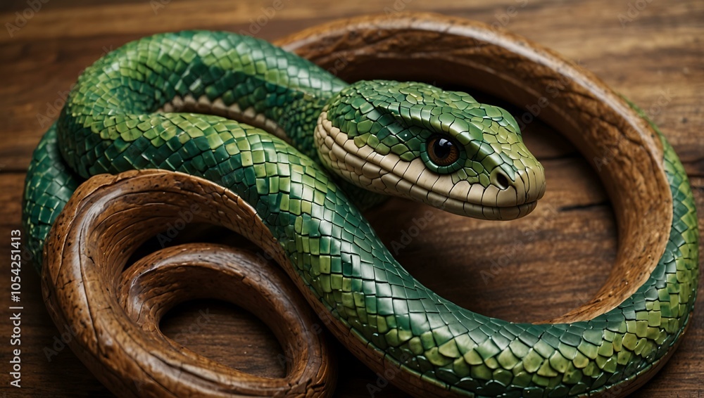 Fototapeta premium Detailed wooden snake carving in various green shades.
