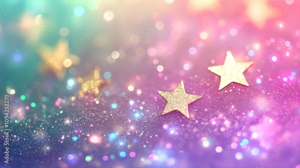 A dreamy background featuring shimmering stars and colorful bokeh effects. A dreamy background featuring shimmering stars and colorful bokeh effects.