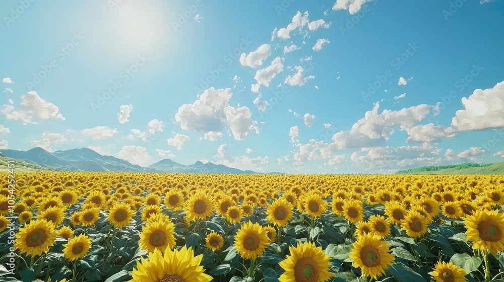 Obraz premium Expansive View of Sunflower Field Under Blue Sky