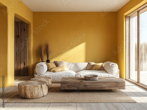 Family room with mustard walls and minimalist wooden furniture to enhance warmth without clutter photo