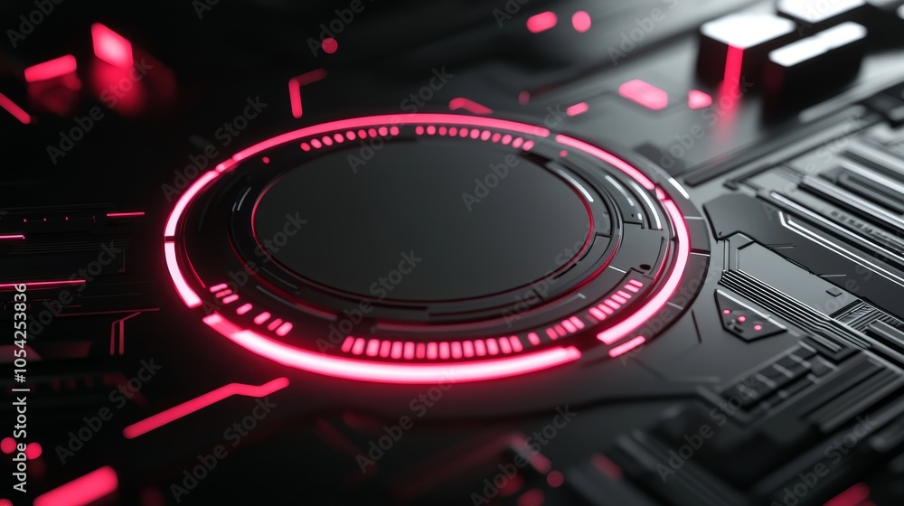 A close-up of a futuristic circuit board design with glowing red accents. A close-up of a futuristic circuit board design with glowing red accents.