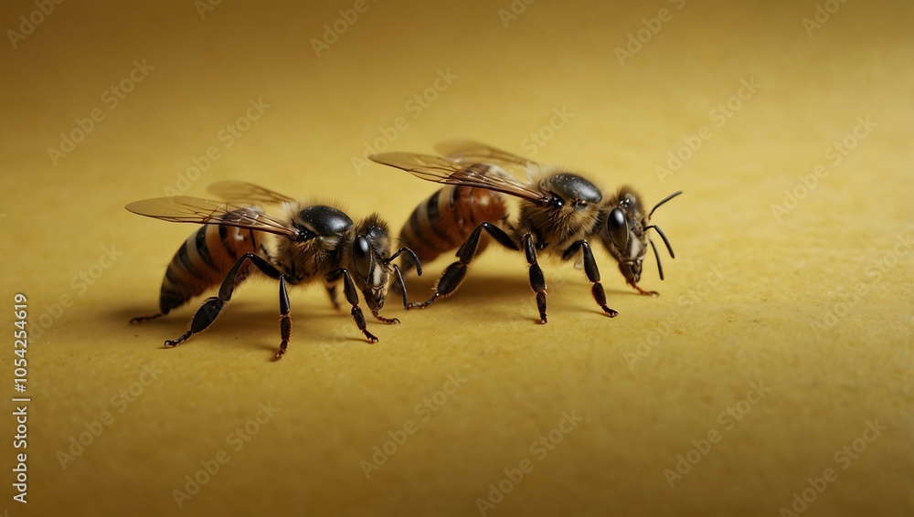 Fototapeta premium Four bees arranged on a yellow background.
