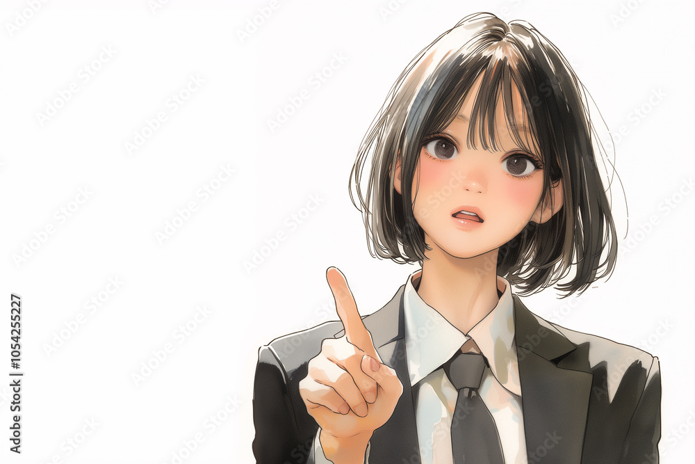 会社の概要を指差ししながらプレゼンしている女の子
