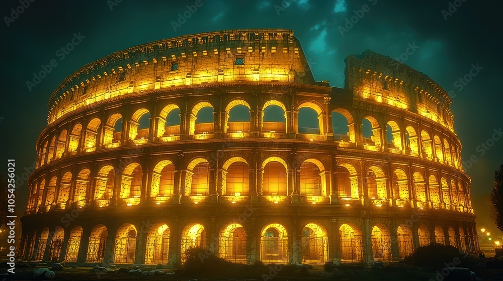 Naklejka premium 4K A nighttime shot of the Colosseum in Rome, with golden lights illuminating the ancient structure.