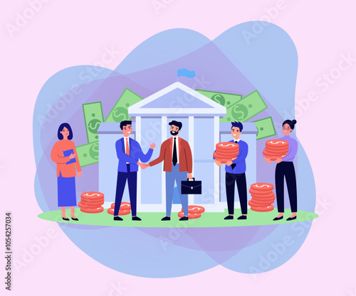 Businessmen shaking hands vector illustration. People holding coins and money, negotiating with partners with bank in background. Types of capital, finance, partnership concept