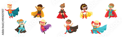 Little Kid Superhero in Cloak and Mask Vector Set