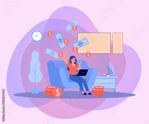 Cash falling on happy woman sitting on sofa with laptop. Smiling girl with financial freedom earning money passively while at home vector illustration. Passive income, finances, investment concept