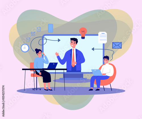 Colleagues using different devices and gadgets for communication. Flat vector illustration. Smartphone, video conference, emailing, message system. Modern technology, corporate communication concept