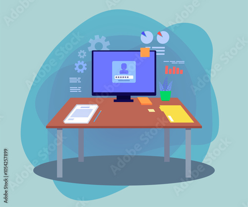 Desk with big computer monitor, documents, post-it note, pencil, office plant. Flat vector illustration. Modern office workplace concept