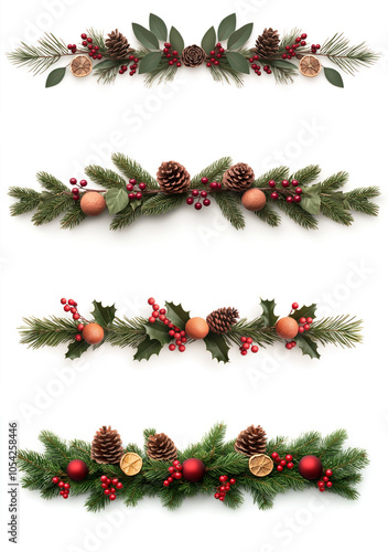 Christmas garlands with pinecones and berries, white isolate background. photo