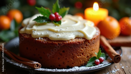 Wallpaper Mural Festive fruit cake with icing. A festive cake with icing, powdered sugar, and holly garnish. Surrounded by oranges, cinnamon sticks, and candlelight, creating a cozy holiday ambiance. Torontodigital.ca