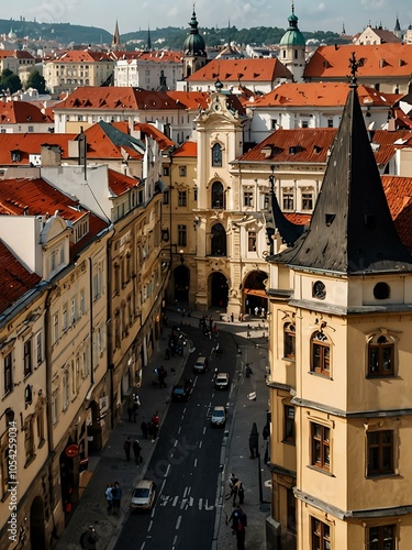 Historic buildings lining a bustling Prague street.