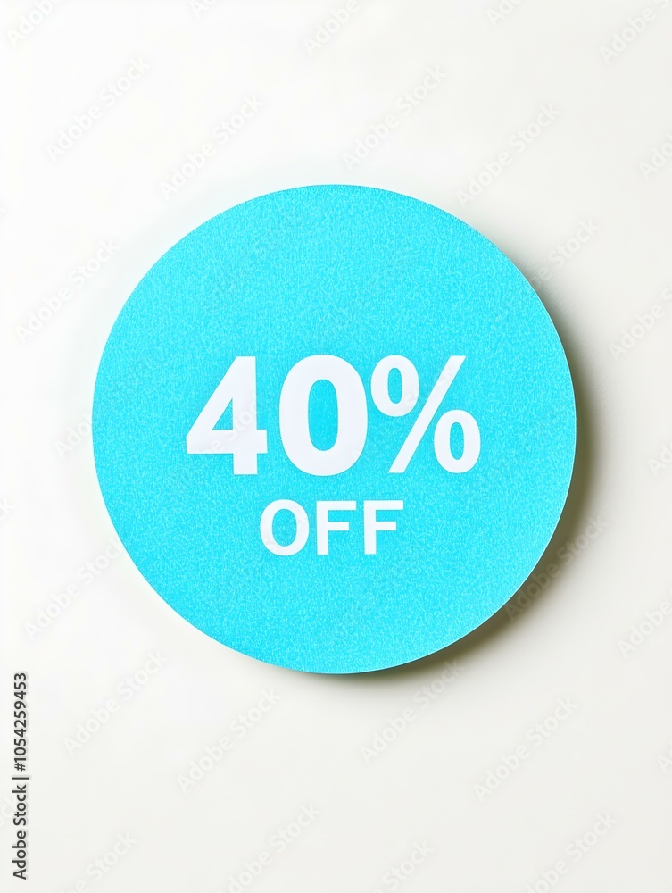 White '40% OFF' Text on a Cyan Round Paper Note. White Background White '40% OFF' Text on a Cyan Round Paper Note. White Background
