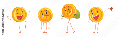 Funny Coin Humanized Character with Arm and Legs Vector Set