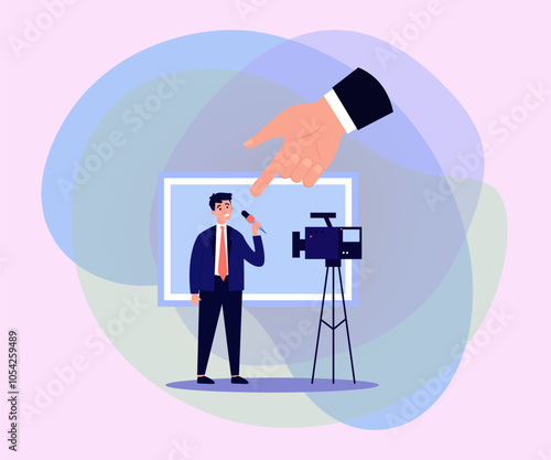 Hand pointing at journalist with microphone vector illustration. Reporter struggling to work because of state propaganda, desinformation, AI. Lack of media freedom of speech concept