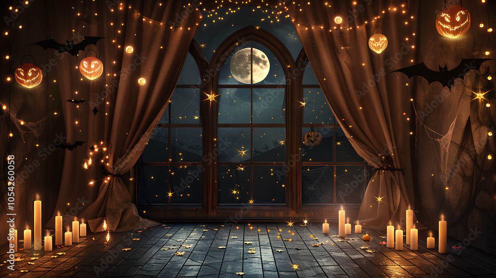 Fototapeta premium backdrop for photography, with an arched window at the top of it, glowing moonlight outside, candles on the floor in front of them, spider web and bat-shaped lights as decoration, Halloween pumpkins 