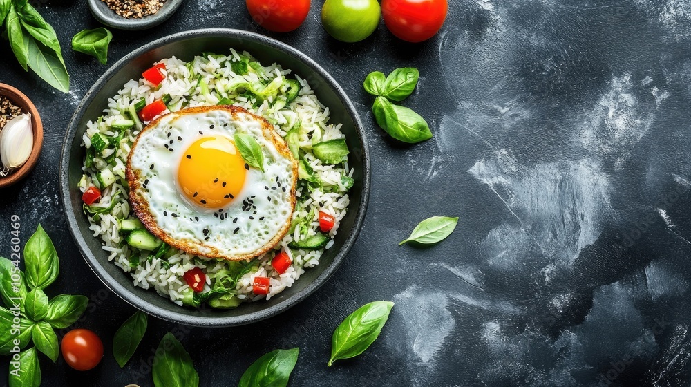 Fresh Vegetable Rice Bowl with Fried Egg and Herbs Fresh Vegetable Rice Bowl with Fried Egg and Herbs