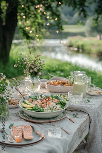 A Serene Outdoor Dining Setup Beside a River With Fresh Salads, Drinks, and Vibrant Dishes During a Calm Summer Afternoon photo