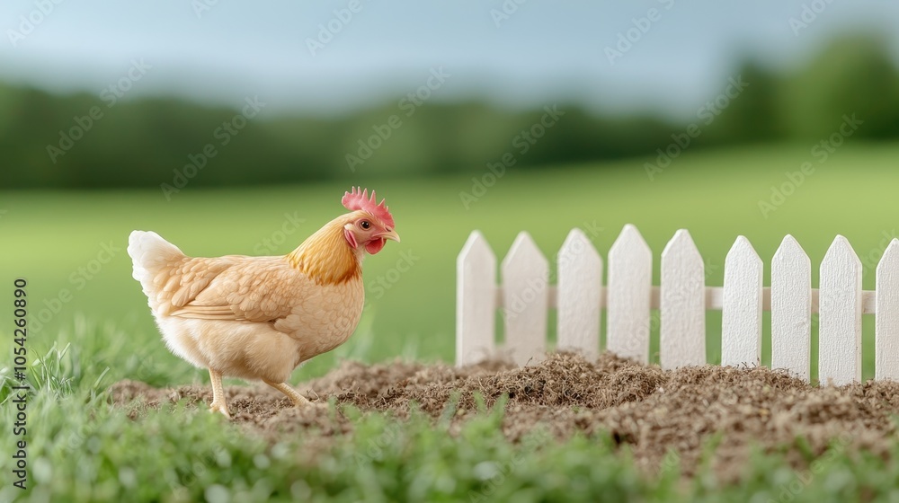 Fototapeta premium A small chicken grazes in a grassy field near a white picket fence, capturing a serene rural scene.