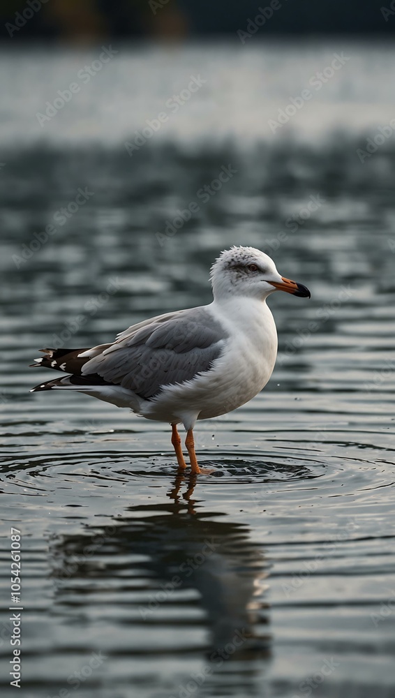 Fototapeta premium Lonely seagull walking on water in a lake