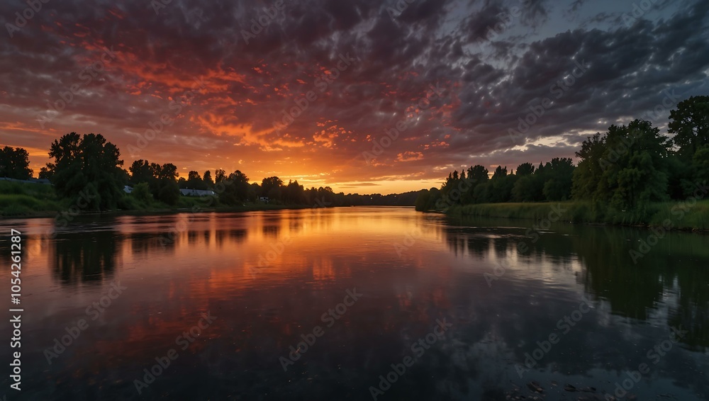 Obraz premium Long exposure of a panoramic sunset by a river