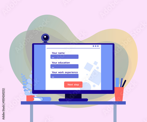 Huge computer monitor with application form. Vector illustration. Filling in application form, searching for job,  job interviewing