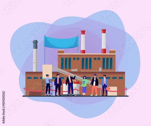 Happy workers presenting new factory vector illustration. Governors opening new enterprises to boost job creation and economy. Job shortage, enterprise construction concept