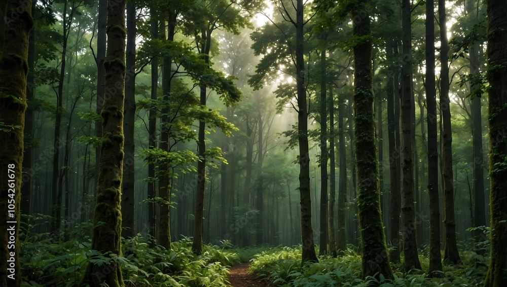 Obraz premium Lush green forest in the morning with evenly spaced trees.