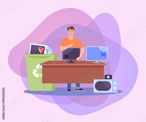 Man fixing broken computer vector illustration. Government programme for repairing defective devices, screens, microwave, camera, TV in trash bin. Fight against e-waste, equipment repair concept